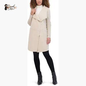 Asymmetrical Zip Front Double Face Wool Coat with Rib Knit Sleeves